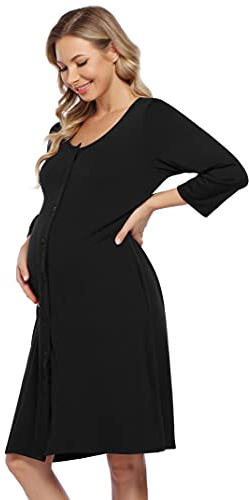 KOJOOIN Dam födelse amningsnattlinne pyjamas graviditet pyjamas nattkläder med genomgående knappslå (förpackning återanvändbar), Svart A (långärmad), L