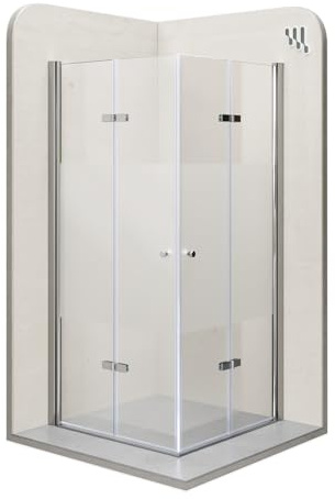 Mampara de Ducha Emma 80x80x190cm, NO REVERSIBLE, Puertas Plegables, Ajuste 78.5-80.5x78.5-80.5cm, Perfiles Cromo, Cristal Templado Parcialmente Satinado 6mm