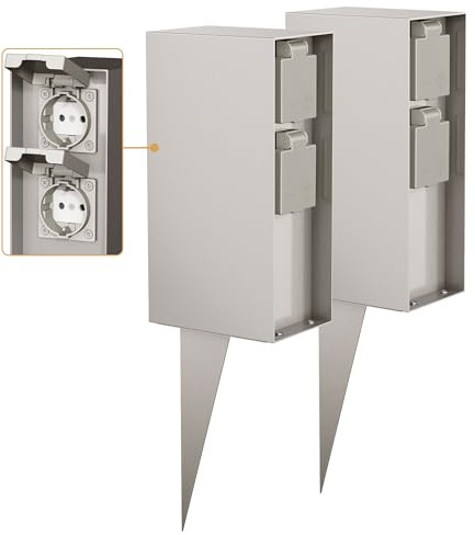 ledscom.de 2x Garten-Steckdosen-Säule POMI mit Erdspieß für außen, IP44, 4-fach, edelstahl, eckig, 23cm