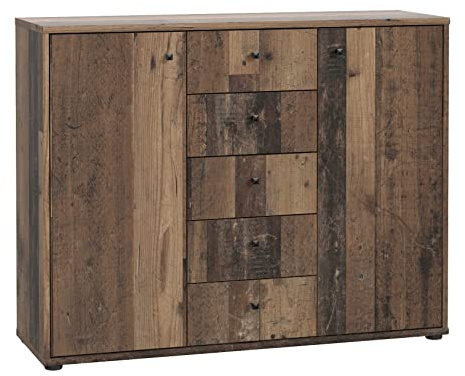 FORTE TEMPRA 2 Kommode mit 2 Türen und 5 Schubladen, Holzwerkstoff, Old – Wood Vintage Dekor, (B x H x T) 108,8 x 85,5 x 34,8 cm