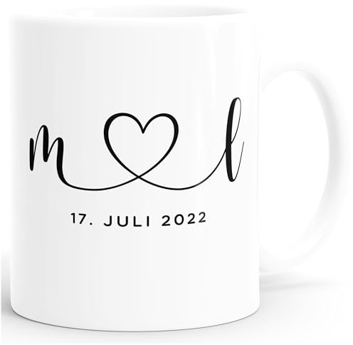SpecialMe® Kaffee-Tasse Hochzeit personalisiert mit Initialen Anfangsbuchstaben und Herz Datum Hochzeitsgeschenk Weiss standard