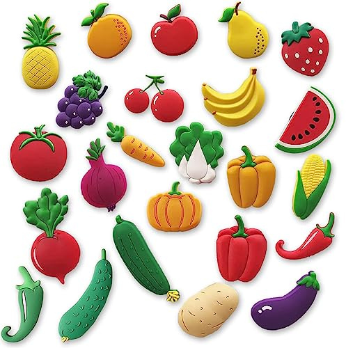 KUHPLOVE Obst & Gemüse Kühlschrank Magnete - 24 Stück PVC Magnete, Weiße Kühlschrank Aufkleber, Spielend, Süß, Magnetische Aufkleber für Heimdekoration