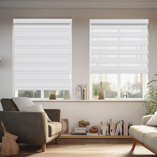 Changshade Zebra Blinds for Indoor Windows with Cord Custom Size Blackout, Corded Zebra Roller Shades for Sliding Glass Door, Dual Layer Black Out Room Darkening Privacy for Home, Office, White