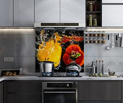 BELOFAY 60x65cm Modern Vegetable Design 6mm Tempered Glass Splashback for Kitchen, Toughened Glass Heat Resistant Splashbacks for Cookers