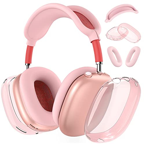 Silicone Case Cover for AirPods Max, Clear Soft TPU Ear Cups/Pad/Headband Cover, Transparent Accessories for Apple AirPods Max (USB-C), Pink