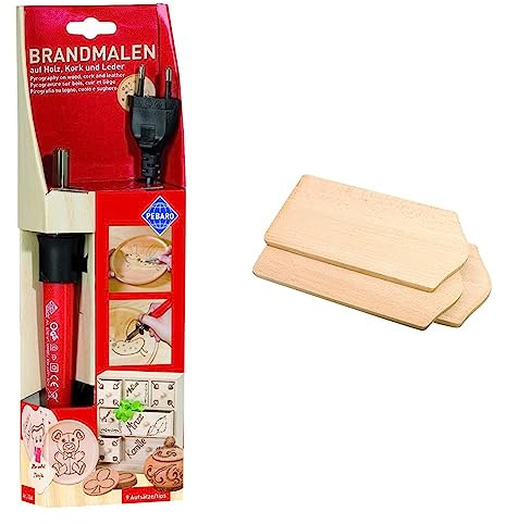 GLOREX 6 1671 001 - Pebaro Brandmalkolben mit 9 Aufsätzen aus Messing, mit Auflageböckchen & FRUE1 Frühstücksbrettchen Natur belassen, 22 x 10