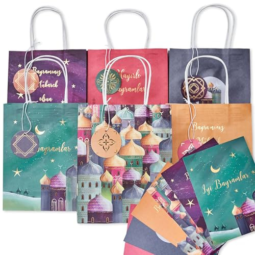 Papierdrachen 6 bunte Henkeltüten zu Ramadan - wunderschön und hochwertig gold bedruckt - ideal zum Verpacken von Geschenken - mit Anhängern und Postkarten - Set 3