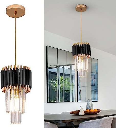 Kaniker Crystal Chandelier Gold Pendant Light Fixtures Modern Crystal Pendant Light for Kitchen Island D7.5'' Black and Gold Chandelier for Dining Room Bedroom Living Room Hanging Light with a Bulb