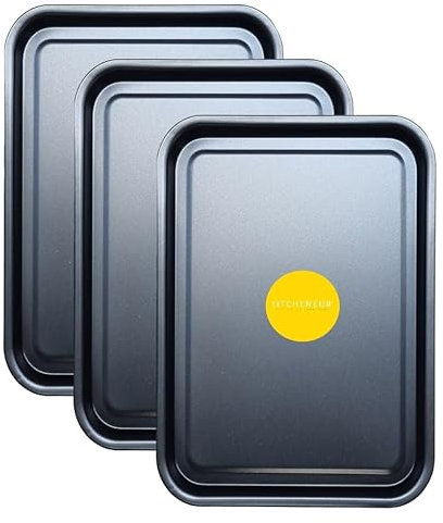 3-Pack Essential 35cm Baking Tray Set - Non-Stick Oven Trays Teflon™ Coated for Baking & Roasting Durable, Dishwasher Safe & Stackable Bakeware for Easy Cleaning & Space-Saving Storage by KITCHENEUR®