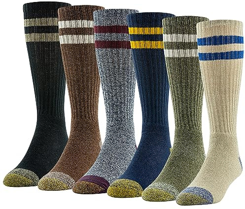GOLDTOE Men's Harrington Crew Socks, Multipairs, Retro Stripe Oatmeal Assorted (6-Pairs), Shoe Size: 6-12.5