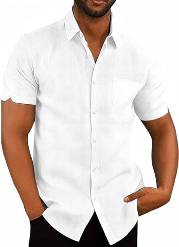 Friptspyg Hommes Chemise Lin Coton Manches Courtes Coupe Regular Casual Chemise de Plage Regular Fit Chemises L'été avec Poche, Blanc M
