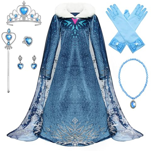 Monissy ELSA Prinzessin Kostüm mit Zubehöre Schneeflocke Kleid Zauberstab Krone Schneekönigin für Kindergarten Geschenk Geburtstagsfeiern Karneval Verkleidung Halloween, Blau B, 130