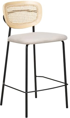 Beliani 2er Set Moderne Barstühle Wiener Geflecht Rattan Rückenlehne Hocker Polyester Sitz ohne Armlehne Schwarze Beine Hellbeige Mayetta