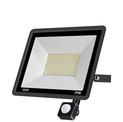Proyector LED exterior con sensor de movimiento 100 W, IP66, impermeable con detector, 6500 K, color blanco frío, iluminación de seguridad para jardín, patio, garaje, entrada