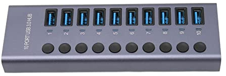 Hub USB 3.0 de 10 Puertos y 60 W con Interruptores de Alimentación Individuales y LED, Concentrador USB con Alimentación, Estación de Acoplamiento USB 3.0 con Carcasa de
