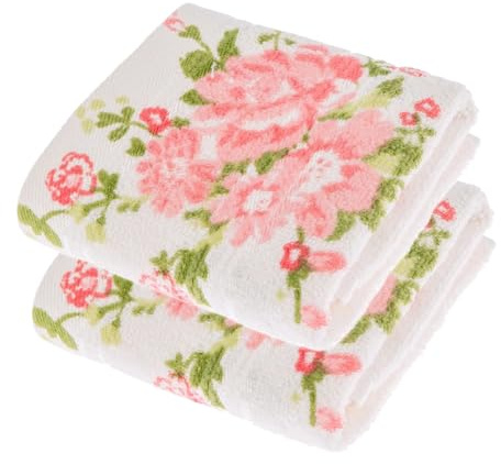 Homescapes 2er-Set Frottee-Seiftücher 30x30 cm cremeweiß, Waschlappen mit rosa Blumen-Print, Vintage-Stil Gesichtshandtücher 100% Baumwolle