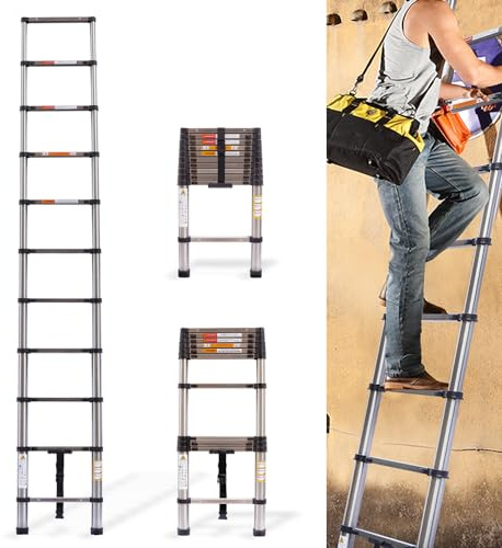 Telescopicng Ladder 3.2m/10.5ft Folding Extension Ladder 11 Extendable Steps 330lb Capacity EN131 for Household Attic Warehouse Indoor Outdoor Multi-Purpose Ladder