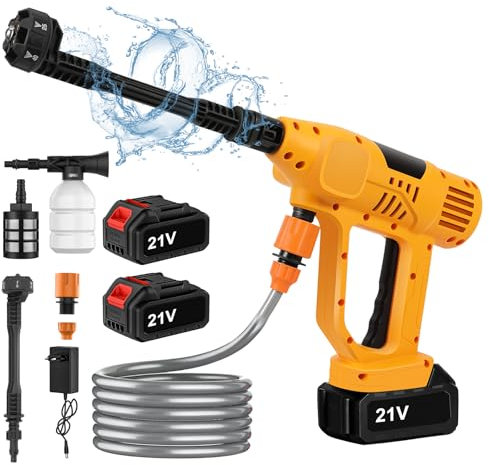 Akku Hochdruckreiniger, 65 Bar Mobiler Hochdruckreiniger mit 2 x 6000mAh Akku, 6-in-1-Multifunktionsdüse, 10 Druckstufen Einstellbar, 5M Schlauch, LED-Anzeige, Passend für Autos, Terrasse, Fenster