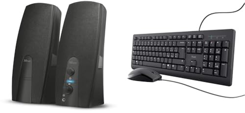 Trust Almo Casse Pc, Set Di Altoparlanti 2.0 Usb Stereo, 10 W, Jack Aux 3.5 Mm & Taro Set Tastiera E Mouse Cablati USB, Layout Italiano QWERTY, Per PC/Laptop/Notebook Mac