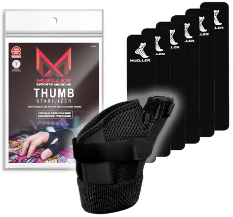 MUELLER Esports Medicine Reversible Thumb Brace for Men and Women, Pain Relief Stabilizer with 6 KTape Strips, Ideal for Gamer's Thumb and Arthritis, Fits Right or Left Hand, Black, One Size