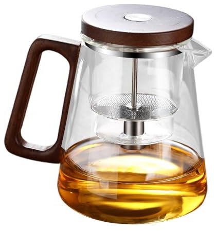 Teteras de Vidrio con Infusor - Tetera con Infusor de Té | Tetera de infusión | Tetera de con filtro desmontable | Vaso de té con infusor de control de prensa | Tetera con mango de madera