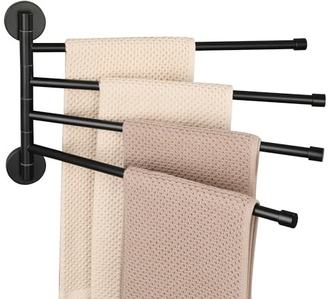 Mooche Rund handduk med 4 roterande stänger i rostfritt stål, rostfri och praktisk, väggmonterad handdukshållare för badrum/kök, handfat, svart