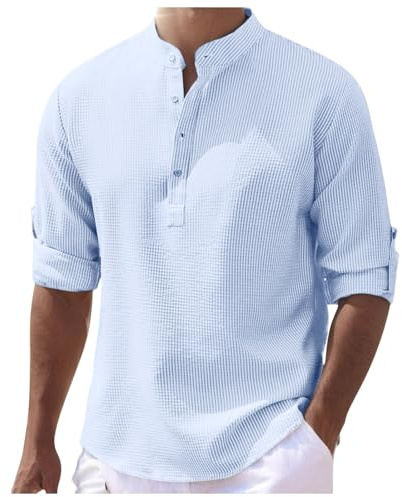 Chemise Col Mao Homme Grande Taille, Blouse Homme Manches Longues,Tee Shirt 'été Couleur Pure Top Col V de Plage Hauts avec Boutonnée Décontracté Ample Légère Comfort Base Tunqiue