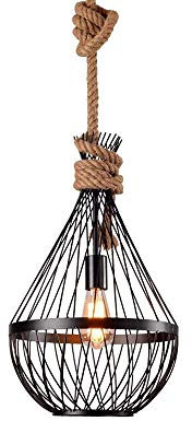 Lámpara colgante estilo náutico Country Barn, estilo jaula de hierro, estilo farol, estilo vintage, de 15,7, con pantalla hueca de metal, de cuerda de cáñamo industrial negra, para sala de estar,