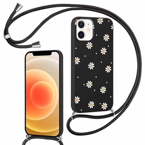 Foonary Handykette Hülle mit Band für iPhone 12 / iPhone 12 Pro 6,1 Handyhülle, Kette Necklace Case Aesthetic Design mit Kordel zum Umhängen Silikon Bumper Schutzhülle Cover Schnur, Smile Blumen