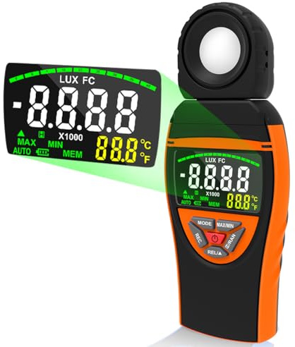 WapoRich Digitales Luxmeter 0,1–400.000 Lux mit Farbdisplay & 270° drehbarem Sensor Photometer mit Temp, Datenhaltung, Max/Min, Lux/FC für Fotografie, Büro, Gewächshaus (8801A)