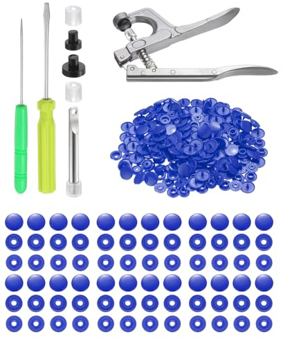 sourcing map Plastic Snaps Fasteners with Snap Pliers, 150 Set Size 20 T5 1/2 Inch Round Resin No-Sew Button Snap Fasteners Kit for Clothing Sewing Diapers Bibs Crafting, Blue