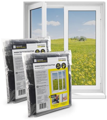 EASYmaxx Mosquitera para ventanas con cierre de gancho y bucle | Red anti insectos recortable hasta 150 x 180cm | Protección adhesiva contra Mosquitos - Fácil instalación [2 Piezas]
