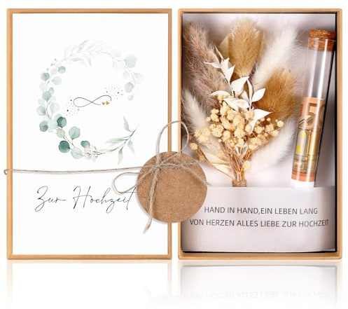 Hestya Hochzeitsgeschenke für Brautpaar Geldgeschenk Hochzeit, Eukalyptus | Hochzeit Geld Geschenk Verpackung mit Hochzeitskarte, Geschenkbox, Trockenblumen und Kunststoff Reagenzglas