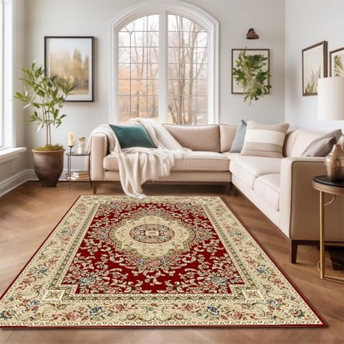 RBQIZVW Rouge Tapis Salon 60×90 cm, Chambre Rouge - Tapis à Poils Courts, Tapis de Style Oriental, Conception Orientale, Doux et Moelleux, Ornament - Tapis Cuisine Moquette Salle de Sejour