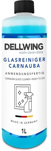Nettoyant pour vitres Dellwing Carnauba 1 l, prêt à l'emploi avec vitrification. Idéal pour les surfaces vitrées, les miroirs, le carrelage et les fenêtres. Fabriqué en Allemagne.