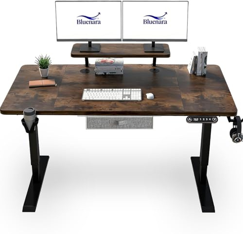 Bluenara – höj- och sänkbart skrivbord elektriskt med LED-display och monitorstativ, 160 x 76 cm ståbord – höjdjusterbart bord för hemmakontor, brunt