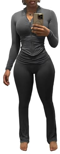 Nimsruc Two Piece Outfits For Women Workout Set Long Sleeve Tracksuit Zip Up Sweatsuits Bodcyon Matching Sweat Pants Sets Dark Grey XXL