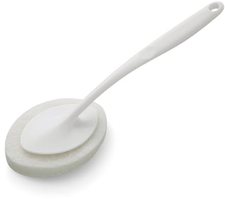 NiuLumea Long Handle Sponge Scrubber for Bathroom Wall, Tile Floor and Bathtub Cleaning, 32cm x 10cm, PP + Scouring Pad, with Hanging Hole, White