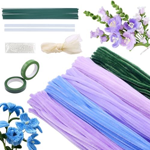 EOPUOZS Pfeifenputzer zum Basteln, 250 Stück Pfeifenreiniger Blumen Set, Pfeifenputzer Set mit Grüne Blumenstöcke, Bänder, Perlen für Blumenstrauß DIY Basteln