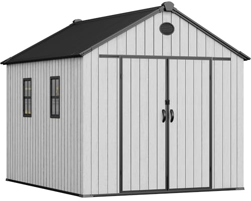 YITAHOME 8x10 FT Outdoor Storage Shed with 2 Vision Windows, Extra Thick Plastic Garden Shed, Waterproof Heavy Duty Resin Shed with Floor, Vents & Lockable Doors for Patio, Bikes Tools Supplies, Gray
