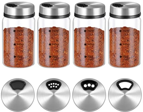 Lot de 4 pots à épices avec couvercle rotatif - 150 ml - Verre borosilicate - Avec 4 trous à épices - Salière pratique - Pour la cuisine, le barbecue, le barbecue et la cuisine
