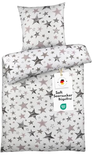 Carpe Sonno Seersucker Bettwäsche 135x200 Baumwolle [Bügelfrei] | Sterne Muster Bettwäsche Seersucker 135x200 | Sommer Bettbezug 135 x 200 | Leicht kühlende Sommerbettwäsche Weiß Grau