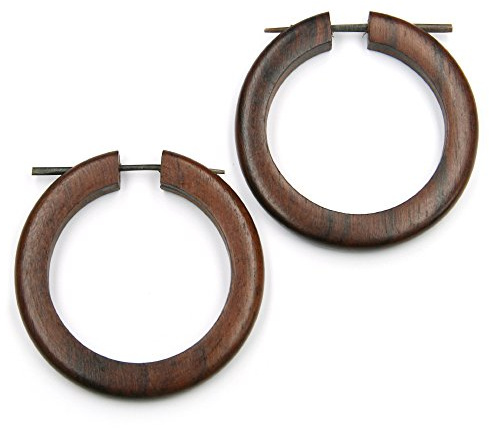 Drachensilber Große Holzcreolen dunkles Sonoholz Statement Ohrschmuck Paar Damen Herren Naturschmuck Boho Tribal Handarbeit Ohrringe ausgefallen leicht