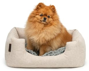 lionto Hundekörbchen mit flauschigem Wendekissen, kuscheliges Heimtierbett in meliertem Design mit tiefem Einstieg für Hunde & Katzen Aller Größen, 60x50 cm, weiches Hundebett, beige