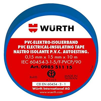 10 cintas aislantes azules 15 mm x 10 m x 0,15 mm Wurth 098551115 PVC autoextinguible IEC RoHS adhesivo eléctrico electricista 15 x 10 mm/m