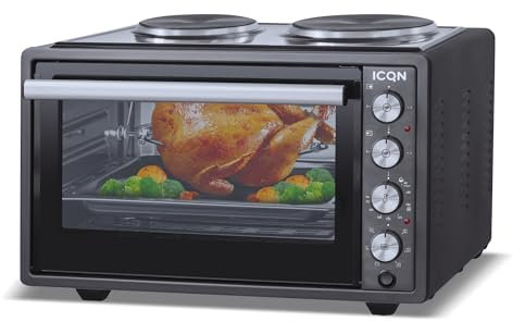 ICQN 42 Liter Minibackofen mit Kochplatten, 3800 W, Umluft, Pizza-Ofen, Doppelverglasung, Drehspieß, inkl. Backblech Set, Elektrischer Mini Ofen, 40°-230°C, Emailliert, Anthrazit