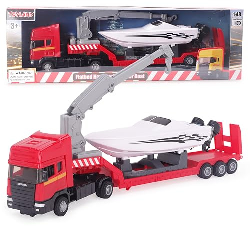 Toyland® - Camion trasportatore a cassone piatto Scania con barca a motore - Scala 1:48 - Ruota libera (Camion rosso)