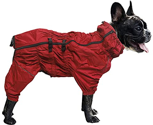 MOREZI Hunderegenmantel, hoher Kragen wasserdicht, Regenmantel-Set mit Reflexstreifen und Reißverschlüssen, für alle Hundetypen geeignet-Rot-M