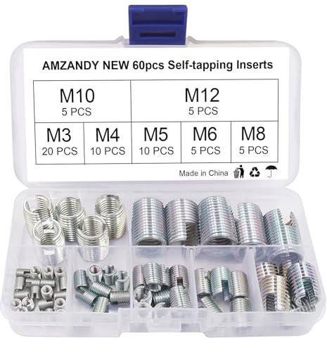 60 Pezzi Inserti Filettati M3 M4 M5 M6 M8 M10 M12,Set Inserto Filettato Autofilettante in Acciaio al Carbonio,Filettatura Rinforza Strumento di Riparazione