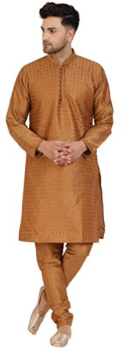 SKAVIJ Uomo Ricamat Kurta Pigiama Set Vestito da Festa Marrone_S